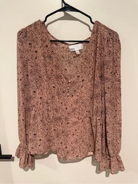 Pink Floral Long-Sleeve V-Neck Blouse